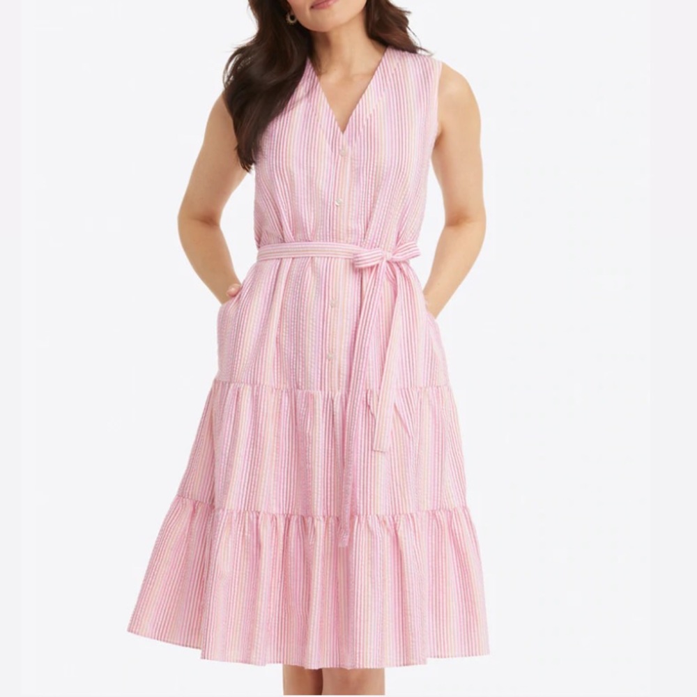 Draper James Seersucker Sleeveless Loretta Button Down Midi Shirtdress Pink Sz S